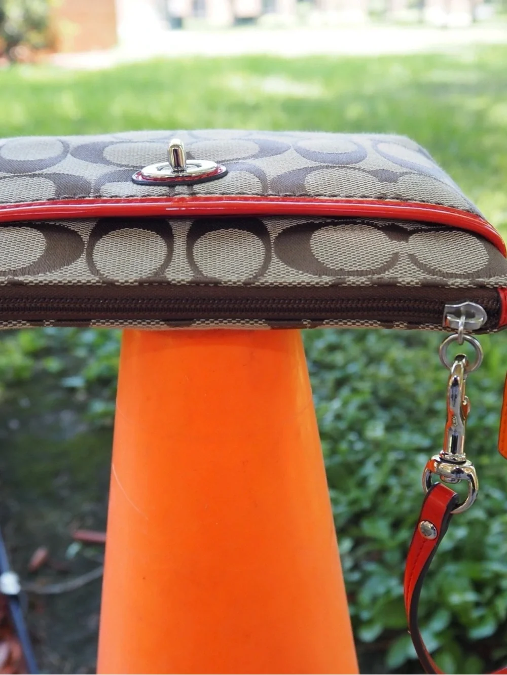 Coach Brown Signature Canvas Wristlet with Red Trim and Orange Tag  EUC